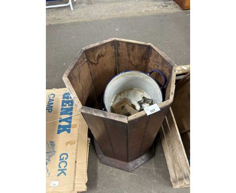 A wooden stick stand, enamel flour bin and other assorted sundries