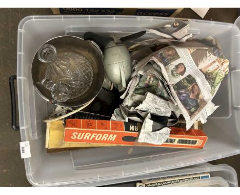 Box of mixed items to include silver plated ice bucket, vintage fan etc