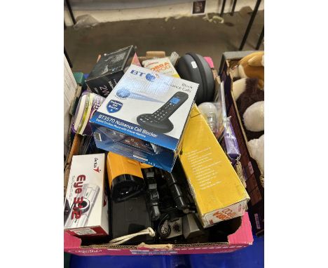 Box of mixed items to include camera tripod, light bulbs, portable telephone etc