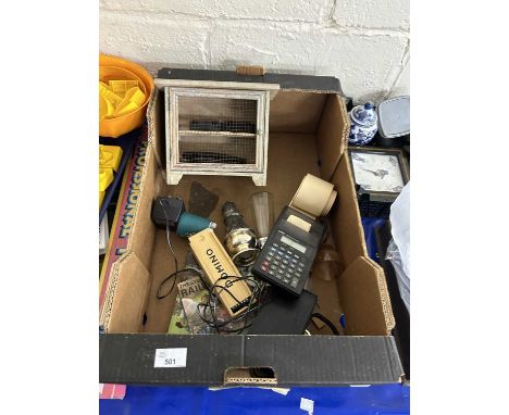 Box of mixed wares to include egg container, dominoes, vintage calculator etc