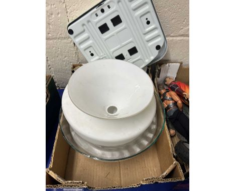 Box of various light shades, bathroom scales etc