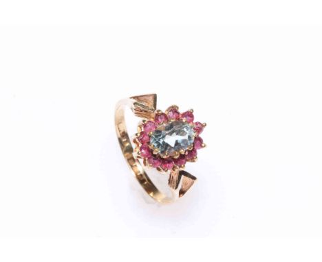 9 carat gold aquamarine and ruby ring, size N.