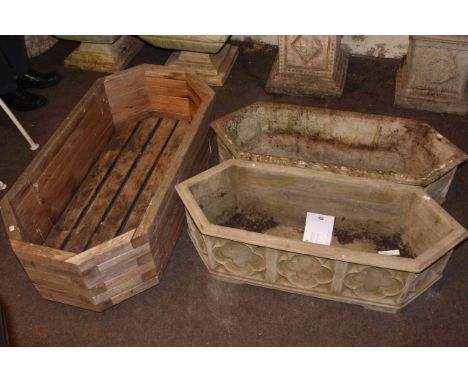 Pair rectangular hexagonal shaped garden troughs and octagonal shaped wooden garden trough (3).