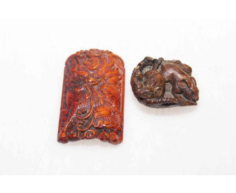 Oriental carved wood netsuke of rats in a basket, and other carved piece (2).