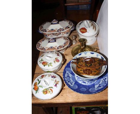 Evesham casserole dishes, Victorian brass chamber candlestick, etc.