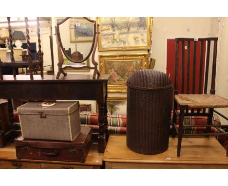 Oak barley twist stick stand, toilet mirror, Lloyd Loom linen bin, rush seated side chair and three cases (7).