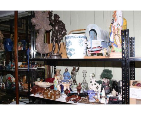 Collection of Oriental ceramics and figurines including crested china, Ringtons, Beswick, Sylvac, spelter, decanters, EPNS te
