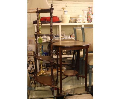 Two Edwardian occasional tables, corner whatnot, pair Victorian side chairs, child's desk and chair and standard lamp (8).
