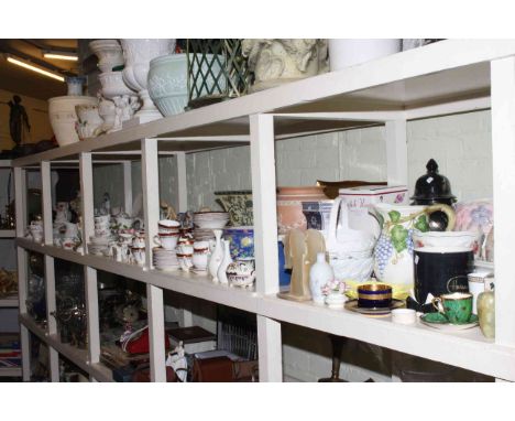 Full shelf of teaware, modern china, planters, ornaments, decorative plates, quantity of pictures, guitar, etc.