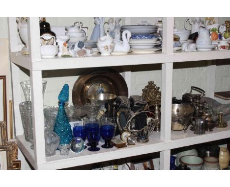 Quantity of silver plated ware, brass desk stand, glassware, vintage ski boots, chenille cloth, etc.