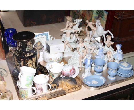 Two trays including Border Terrier Danbury Mint, Aynsley, Royal Worcester, Beatrix Potter, Wedgwood, classical figures, also 