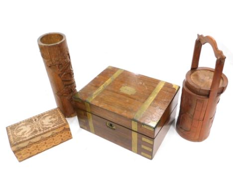 A Victorian walnut and brass bound writing box, (AF), an Oriental bamboo food container, vase, etc, 