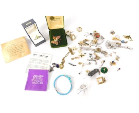 Various costume jewellery and other effects, plated ingot, 5cm long, cufflinks, S &amp; Co. 925 ring set with green stone, si