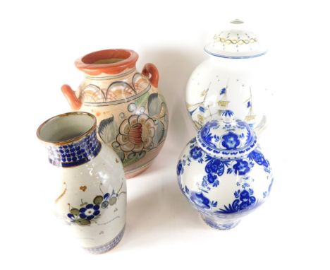 A Portuguese Viana do Castelo porcelain vase and cover, decorated with a ship, a Portuguese blue and white vase and cover, Me