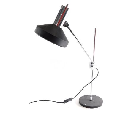 A 1970's black and metal and chrome plated adjustable table lamp, in the manner of PROVA.