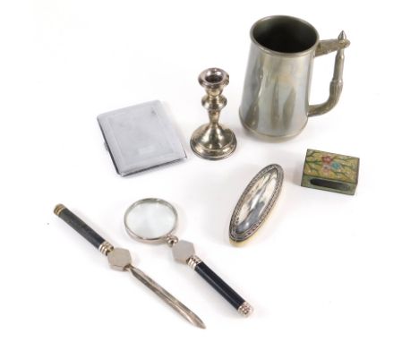 Various silver, silver plated ware, weighted candlestick, blotter, magnifying glass and paper knife set, chrome plated cigare