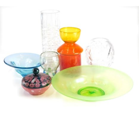 Various European Art Glass, to include Poschinger, Czech examples, German Roemer and an Amberina vase, a green bowl, 34cm dia