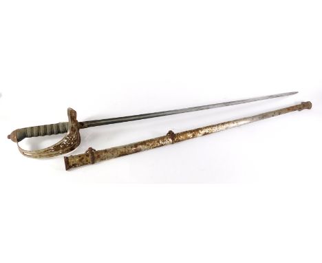 A dress sword, with etched blade, plain scabbard, turned snakeskin handle, the blade marked Irwin and Sons, 114cm long. 