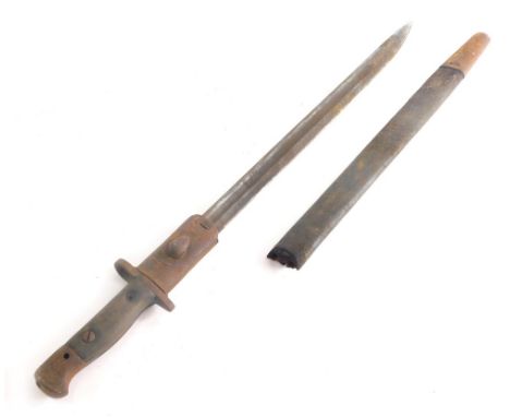 A 20thC bayonet, with leather scabbard and a turned wooden and metal grip 54cm long.