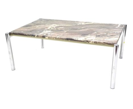 A retro chrome plated marble top coffee table, on cylindrical legs, 42cm high, 110cm wide, 81cm deep. 