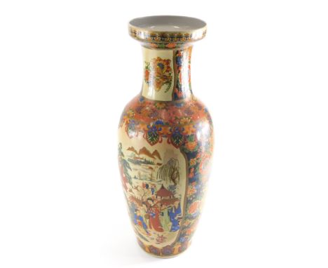 A Japanese pottery floor standing vase, with trumpet stem, transfer printed with many figures of Geisha before mountains, wit