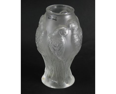 A Lalique glass parrot vase, 28cm high.