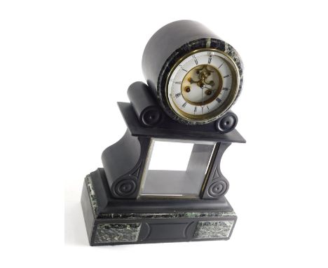 A 19thC black slate and marble mantel clock, with elaborate 14cm diameter Roman numeric dial, in scroll case, with visible pe