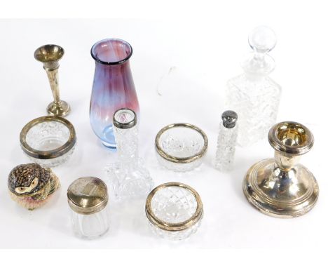 Various silver and glassware etc, dressing table jar with silver collar, cut glass salt, marks rubbed, 5cm diameter, other cu