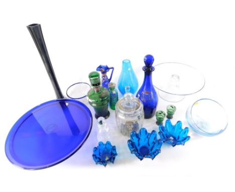 A quantity of Victorian and later coloured glass, to include Elizabeth II Bristol Blue commemorative decanter and stopper, Ve