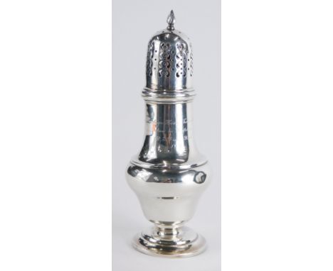 An Edward VII silver sugar sifter, by Asprey, with pierced domed lid, flame finial, bellied body and circular domed foot, eng