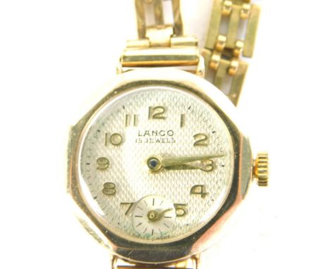 A Lanco cocktail watch, with octagonal case, 1cm wide Arabic dial and a gate bracelet with 9ct gold tag.