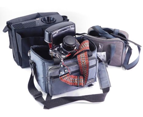 A Praktica LTL3 camera, lenses, etc., a Nikon F-401S camera with lense and a View Sonic projector.