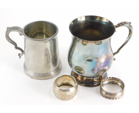 A silver napkin ring, of plain circular form, pewter tankard, silver plated tankard, 13cm high, and a further napkin ring, va