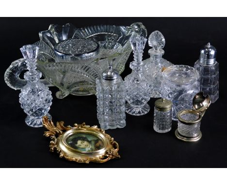 Various glassware, etc., perfume bottles, cut glassware, heavy cut glass centrepiece with dragon handles, 39cm wide, rose bow