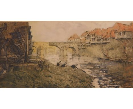 •Osterliveid (20thC). Figures aside watermill with stream and bridge, print, signed, 29cm x58cm.