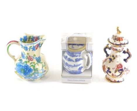 A Masons ironstone Regency pattern jug, 19cm high, Mandalay two handled vase, and a boxed Rington's Maling miniature jug. (3)