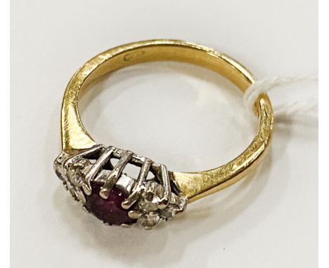 18 CARAT GOLD DIAMOND &amp; RUBY RING - SIZE K / L - 3 GRAMS APPROX