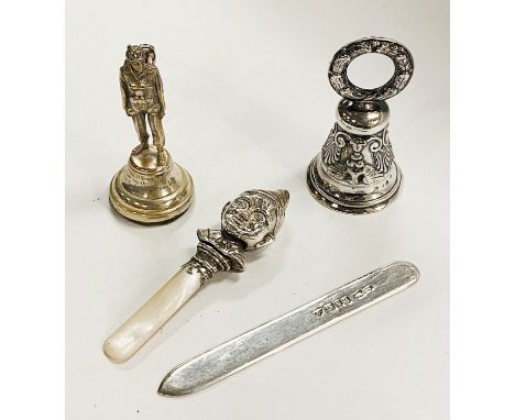 SILVER MIXED ITEMS - BABY TEETHER, PAPER KNIFE, SOLDIER &amp; BELL