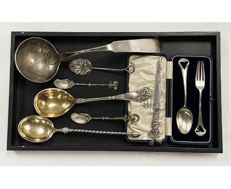 COLLECTION OF SILVER SPOONS BOX SET &amp; LADLE - 13 OZS APPROX