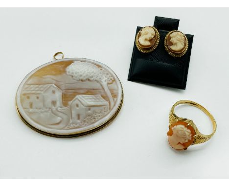 9CT GOLD CAMEO PENDANT RING AND EARRINGS