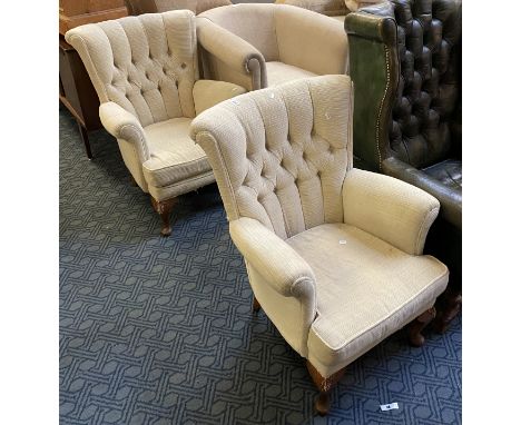 PAIR OF BUTTON BACK ARMCHAIRS