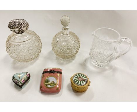 SILVER TOPPED SCENT BOTTLE/PORCELAIN BOXES &amp; OTHER