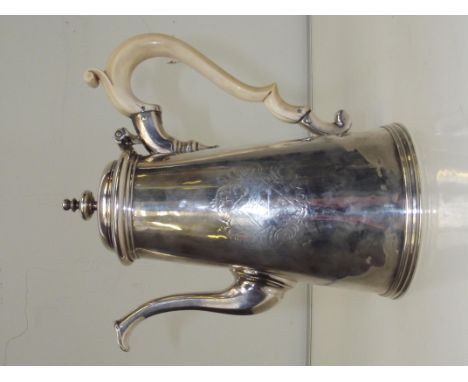 Georgian silver coffee pot, ivory loop handle, hinged lid with knop finial, later re assay marks for London 1946, London Assa