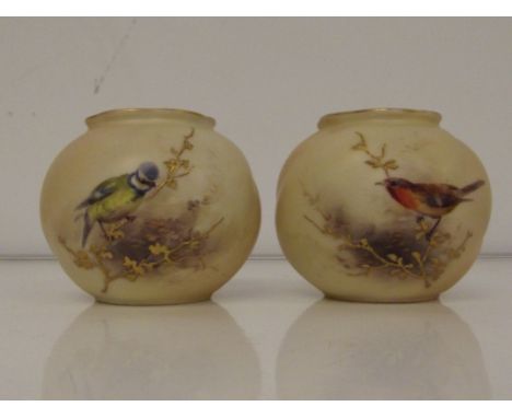 Pair of Royal Worcester poesy bowls. Robin and blue-tit ,blush ivory ground G161 c1910 7cm high