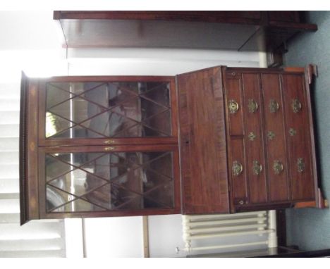 19th century mahogany bureau bookcase, inlaid and astragal glazed, dental cornice and bracket feet, height 223cm, width 106cm