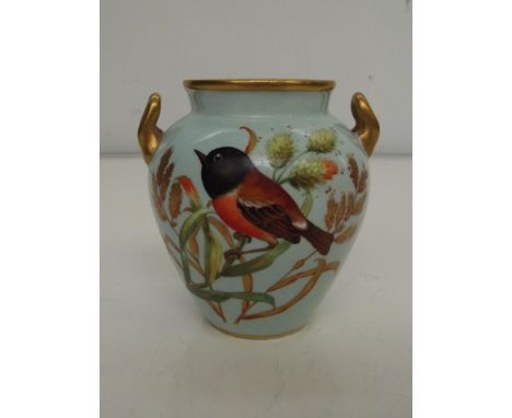 Victorian Royal Worcester two handled vase with hand painted birds and foliage 8 cm high