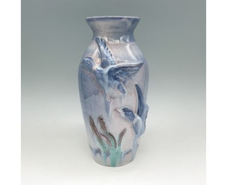 A vintage Dissing &amp; Keramik pottery vase from Denmark, featuring a sculptural relief of flying ducks amidst reeds. This h