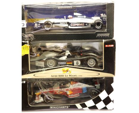 Three 1:18 scale boxed cars, Hotwheels Williams F1 Button, GT Racing Audi R8R LeMans 1999 and Minichamps Williams F1. P&amp;P