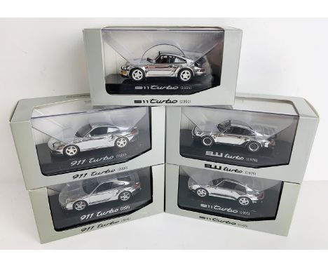 5x Minichamps 1:43 Scale 'Chrome Porsche 911 Turbo' - To Include: 1976, 1991, 1995, 2000, 2006 - All Boxed. P&amp;P Group 2 (