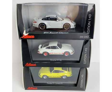 3x Schuco 1:43 Scale Porsche 911 RS White, Yellow, 911 Sport Classic - All Boxed. P&amp;P Group 2 (£18+VAT for the first lot 